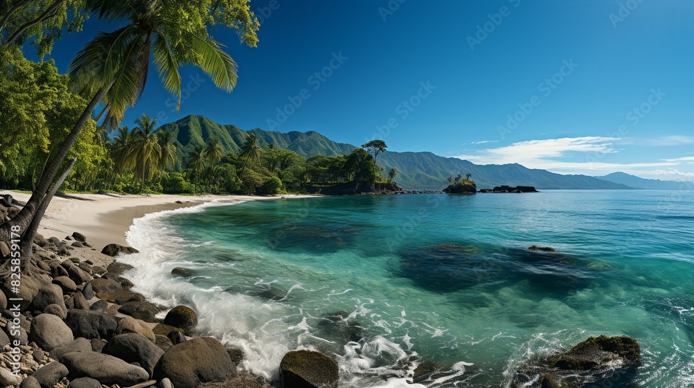A beach backdrop with a panoramic view of a tropical island, white sandy beaches, crystal-clear waters, and lush green mountains in the distance.