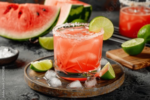 Refreshing watermelon cocktail with lime garnish on rustic table