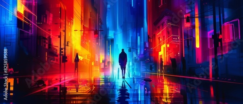 A vibrant vector cityscape with abstract light effects, with a lone figure standing in the middle of the street, paralyzed with fear as shadowy figures close in, photo