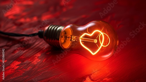 Heartfelt Glow: Romantic Light Bulb with Heart-Shaped Filament on Red Background, Perfect for Valentine's Day