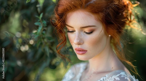 Lovely bride with stunning red hair in an outdoor setting
