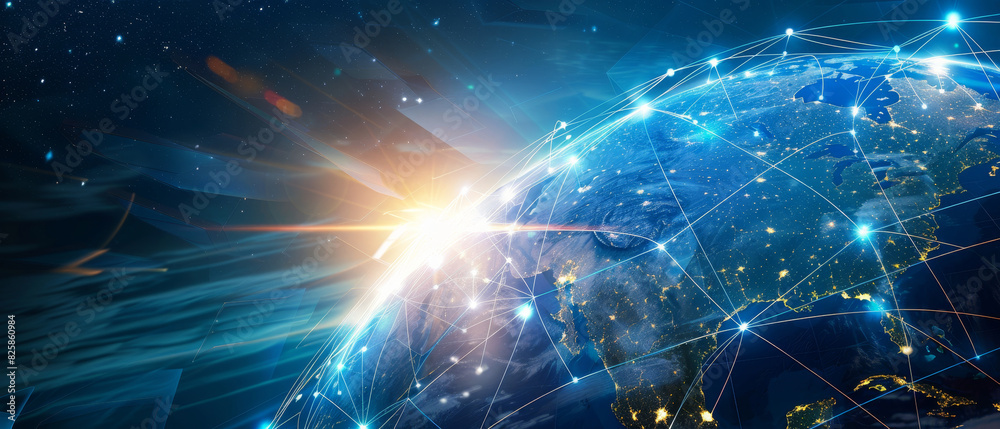 Detailed Earth globe with bright lines illustrating global communication networks Detailed Earth globe with bright lines illustrating global communication networks