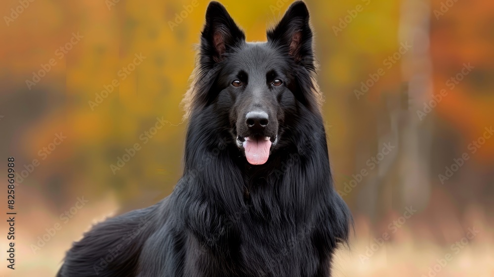 A black and brown dog stands in front of a yellow and orange tree, tongue out A black and brown dog stands in front of a yellow and orange tree, tongue out