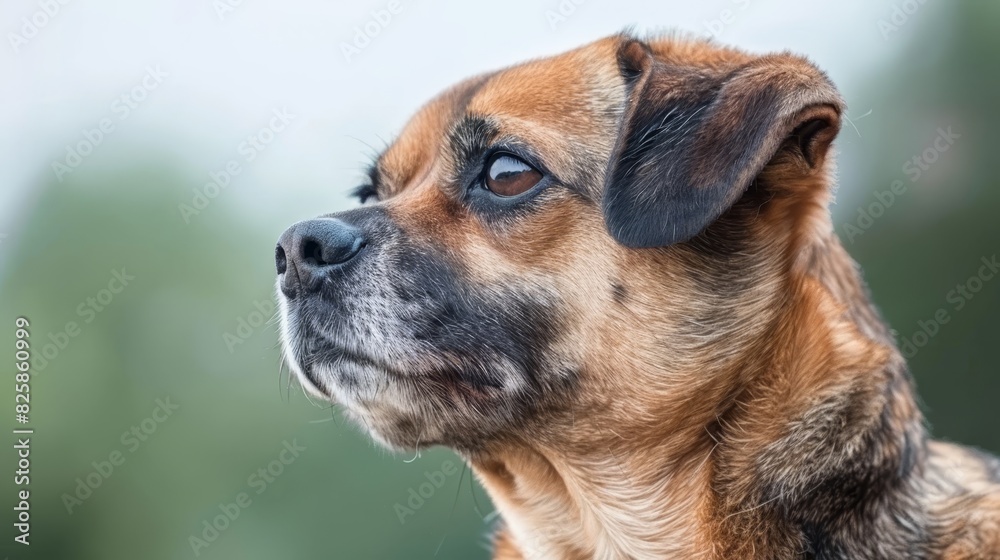  A tight shot of a poised canine gaze directed to its side Behind it, trees form a background, while the sky subtly blurs in the distance