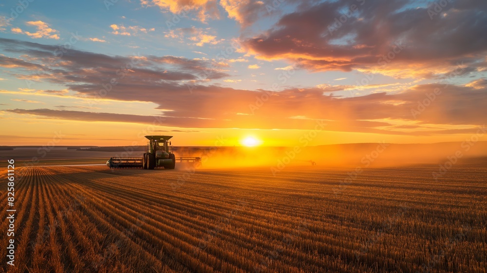 Fototapeta premium Sundown Harvest, Vibrant Sunset Colors Illuminate Expansive Fields with Advanced Agricultural Machinery in Action