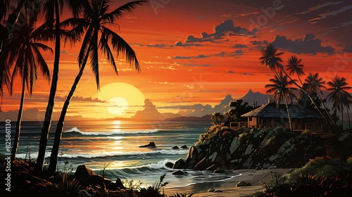 A dramatic beach sunset background with silhouettes of palm trees and a thatched-roof hut, the sky painted in vibrant colors, and the ocean reflecting the sunset. photo