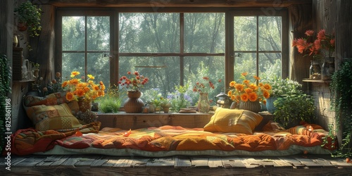 Cozy window nook with vibrant flowers  in sunlight  a colorful and comfortable retreat