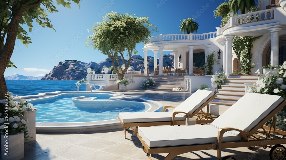 Fototapeta premium A pool background with an elegant design, featuring a sparkling blue pool, chic lounge chairs, and a view of the ocean, perfect for promoting luxury travel destinations.