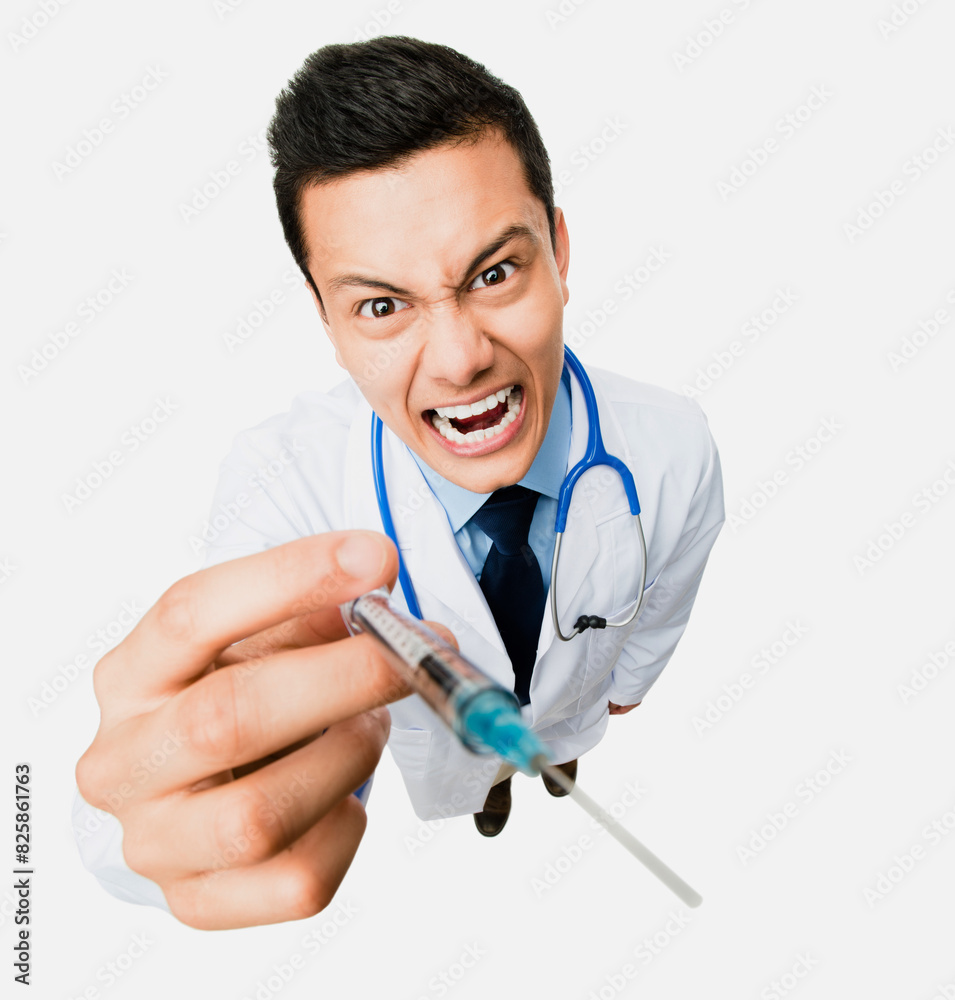 Man, doctor and injection in studio portrait, healthcare and medicine syringe on white background. Male person, high angle and needle for liquid drugs or antibiotics, scream and vaccination treatment Man, doctor and injection in studio portrait, healthcare and medicine syringe on white background. Male person, high angle and needle for liquid drugs or antibiotics, scream and vaccination treatment