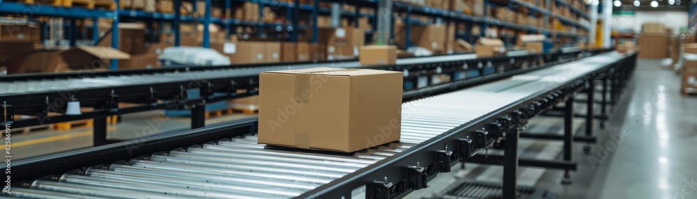 Industrial warehouse operations, a cardboard box on the move along a conveyor belt, symbolizing global trade Industrial warehouse operations, a cardboard box on the move along a conveyor belt, symbolizing global trade