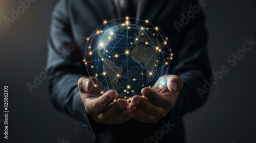 Innovative Global Strategy, Businessman Holding Illuminated Globe with Network Connections, Symbolizing Digital Marketing Solutions and Global Business Networks