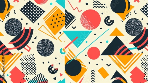 Memphis Style seamless pattern 80s and 90s, funky geometric shapes, vibrant hues, retro aesthetic, playful design, bold and abstract, intricate details, dynamic composition
