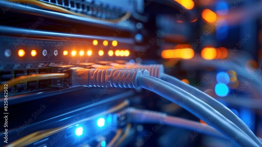 A backdrop of a server room with network cables and lights, network, dynamic and dramatic compositions, with copy space A backdrop of a server room with network cables and lights, network, dynamic and dramatic compositions, with copy space