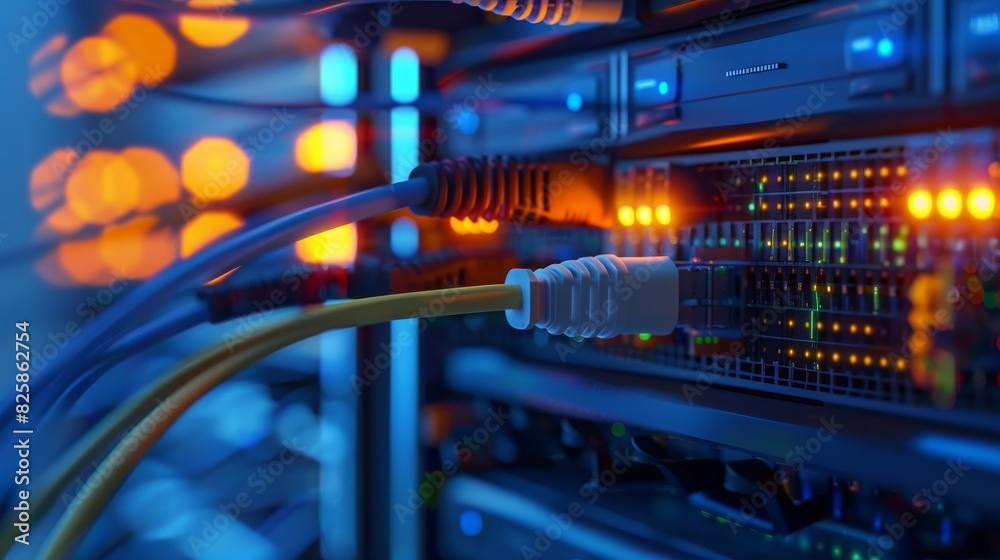 A backdrop of a server room with network cables and lights, network, dynamic and dramatic compositions, with copy space A backdrop of a server room with network cables and lights, network, dynamic and dramatic compositions, with copy space