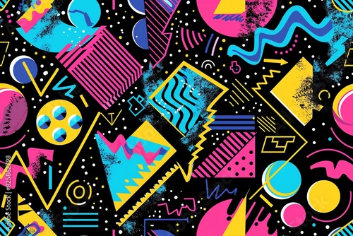 Seamless pattern 80s Memphis Style, vibrant geometric shapes, neon colors, retro aesthetic, playful design, bold and abstract, intricate details, dynamic and vivid