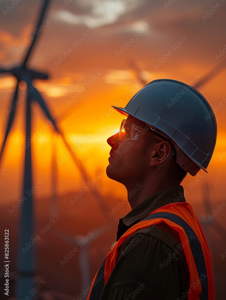 Engineer in safety gear examining wind turbines at sunset, symbolizing renewable energy and sustainable development. Engineer in safety gear examining wind turbines at sunset, symbolizing renewable energy and sustainable development.