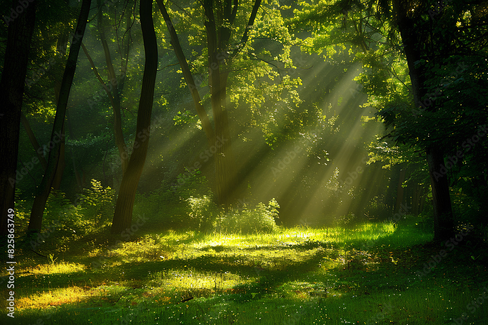 Fototapeta premium beautiful sunshine in a stunning green forest