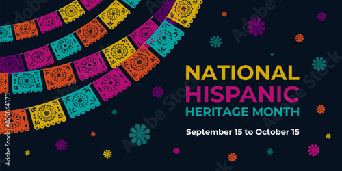 Hispanic heritage month. Vector web banner, poster, card for social media, networks. Greeting with national Hispanic heritage month text, Papel Picado pattern, perforated paper on black background.