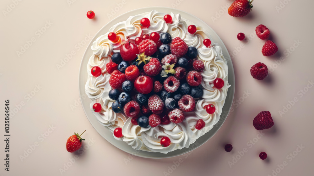 A top view of a beautifully decorated fruit cake with berries and whipped cream at the center on a light background A top view of a beautifully decorated fruit cake with berries and whipped cream at the center on a light background