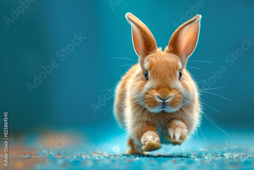 Adorable brown baby rabbit hopping on a blue background, capturing the essence of playfulness and innocence in a vibrant setting. © praewpailyn