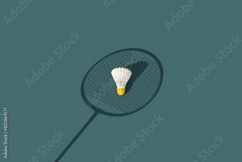 Top view of yellow shuttlecock under the shadow of the badminton racket on dark background. Sports concept with copy space. 3D render. Creative sport background for postcard, flyer, poster.