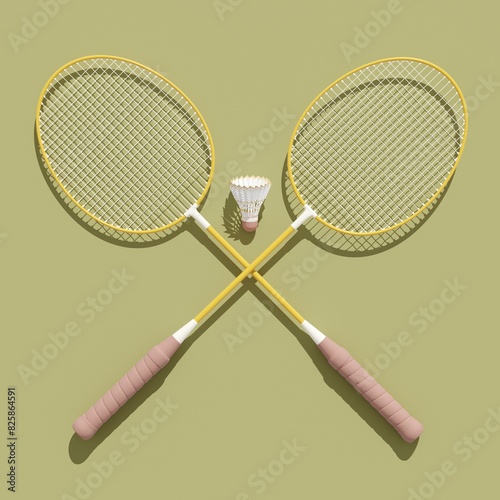 Badminton sport equipment's, two yellow rackets and shuttlecock on pastel green background. 3d illustration, render. Top view, copy space. Sport background, postcard, poster.