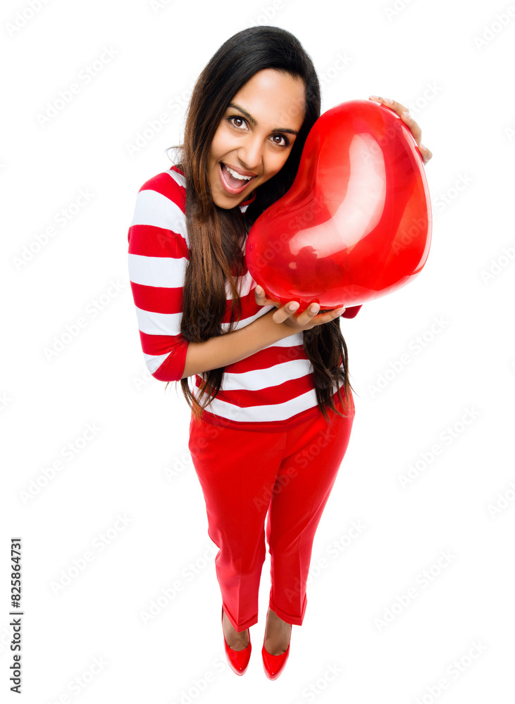 Happy woman, portrait and surprise with heart balloon for love or valentines day on a white studio background. Excited female person, young cupid or smile with red emoji for romance or anniversary Happy woman, portrait and surprise with heart balloon for love or valentines day on a white studio background. Excited female person, young cupid or smile with red emoji for romance or anniversary