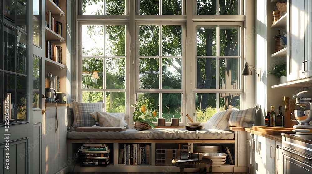 A cozy breakfast nook in the open kitchen, bathed in morning sunlight, with a built-in window seat and a stack of vintage cookbooks A cozy breakfast nook in the open kitchen, bathed in morning sunlight, with a built-in window seat and a stack of vintage cookbooks