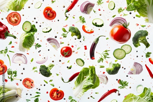Many different fresh vegetables falling on a white background. 