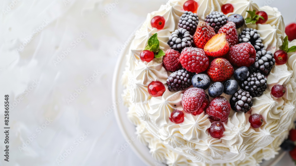 A top view of a fruit cake with berries, coated in whipped cream at the center, set against a light background A top view of a fruit cake with berries, coated in whipped cream at the center, set against a light background