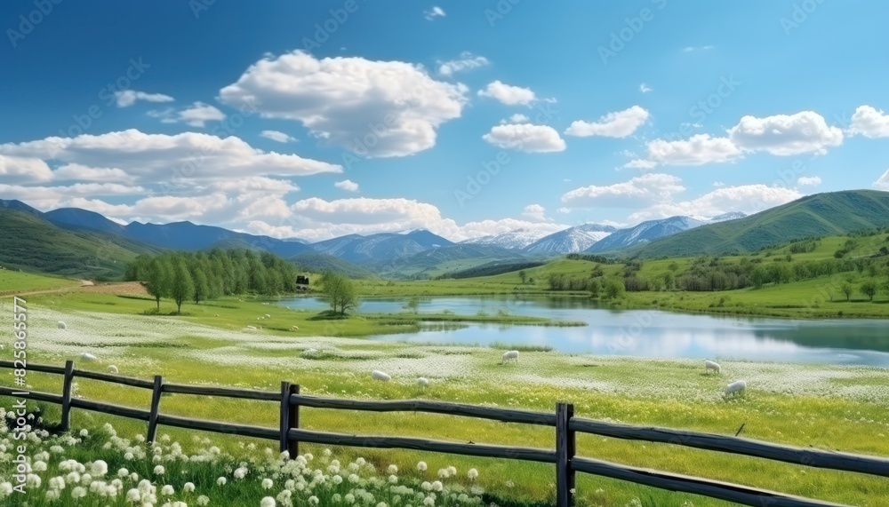 A stunning spring day landscaping views of fertile land surrounded beautiful green vegetation, wide stretches of hills and mountains with clear skies in spring