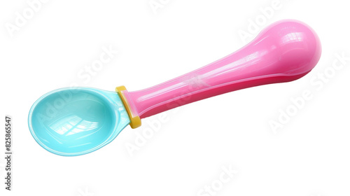 A pink and blue toothbrush with a yellow tip placed on a white surface photo