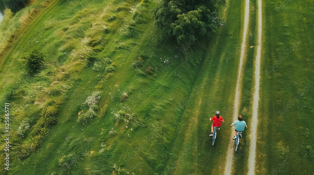 Top down perspective of a couple cycling through picturesque countryside. Top down perspective of a couple cycling through picturesque countryside.