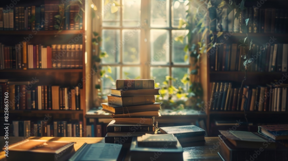  A Stack of Books in a Sunlit Library
