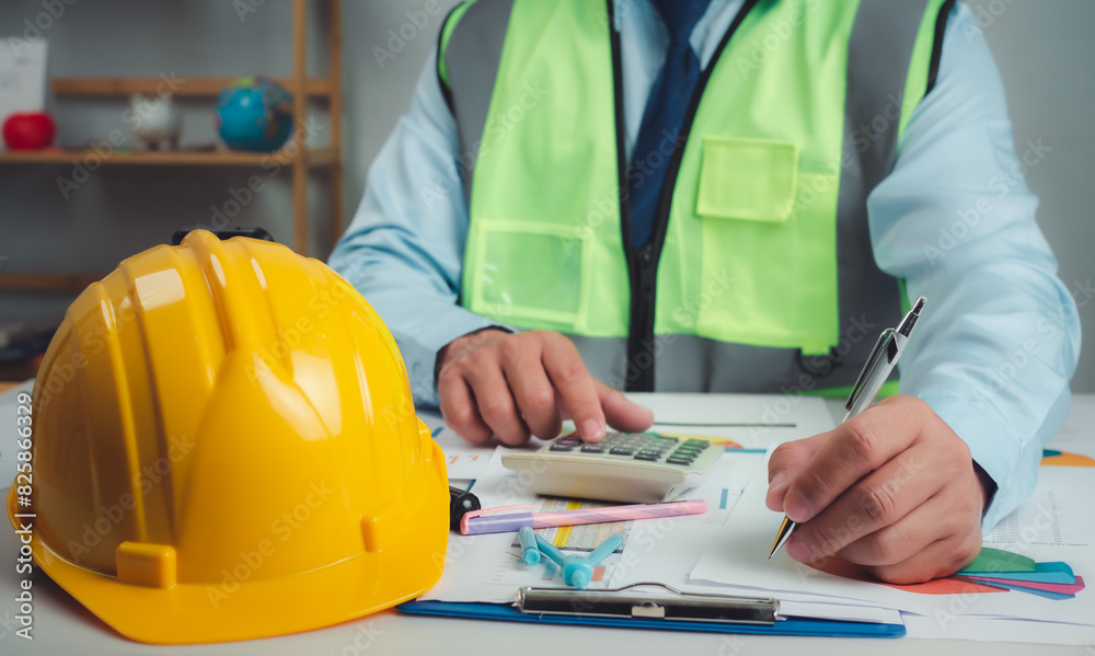 Architect or engineer sitting at desk in office, Cost calculation, Construction planning, structural calculation, Project construction cost planning and calculation, Project presentation plan. Architect or engineer sitting at desk in office, Cost calculation, Construction planning, structural calculation, Project construction cost planning and calculation, Project presentation plan.