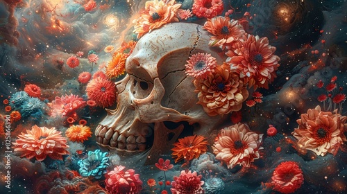 A vibrant floral skull against a starry nebula backdrop invites the mysteries of life and death With Psychedelic cosmic mushroom forest   © Ummeya