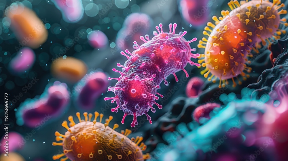 Naklejka premium Vibrant Microscopic Colonies in Abstract Organic Patterns on a Dark Background