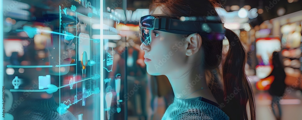 Woman Interacting with Futuristic Holographic Displays in a Smart Marketplace