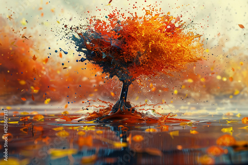 Illustrate a paint splash that transforms into the shape of a tree, with drops detailing the leaves and branches in an array of autumn colors photo