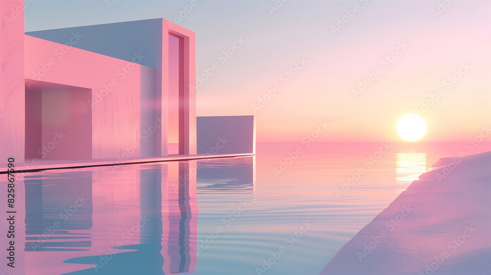 Minimalist 3D render of pastel landscape, abstract architecture, still water, gradient sky, Surreal, Soft Palette