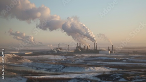 Smokestacks belching smoke into the sky from a tar sands refinery surrounded by an otherwise empty landscape. photo