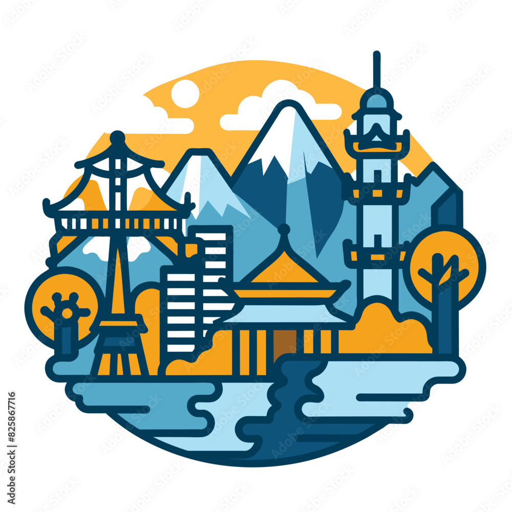 Fototapeta premium Stylized Illustration of a Japanese Cityscape with Mountains and a Pagoda