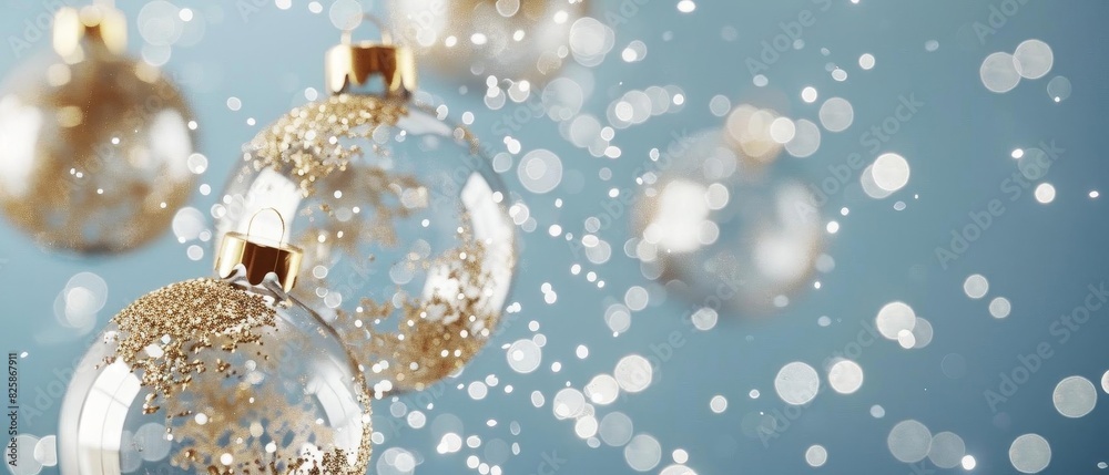 Elegant Christmas ornaments with golden details on a blue background, creating a festive holiday atmosphere with sparkling lights. Elegant Christmas ornaments with golden details on a blue background, creating a festive holiday atmosphere with sparkling lights.