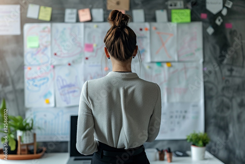 A woman is seen from behind as she studies various charts and graphs on a whiteboard, concentrating on data analysis and strategic planning.