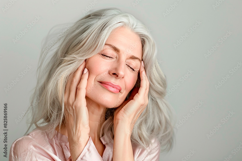 A woman with gray hair is smiling and resting her head on her hand