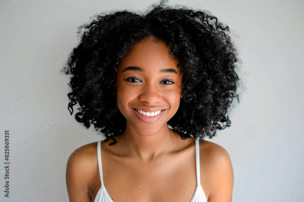 A woman with curly hair is smiling and looking at the camera A woman with curly hair is smiling and looking at the camera