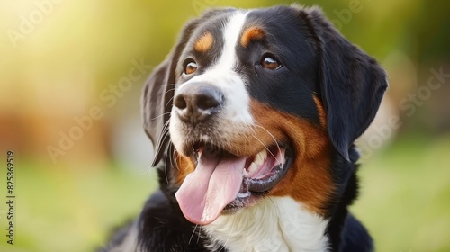  A close-up of a dog's tongue-out face Its tongue hangs visibly photo