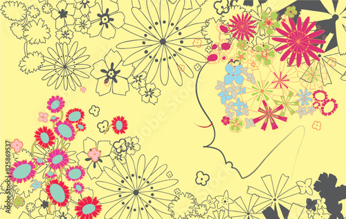 beauty women pink flower hair face shape abstract yellow background vector