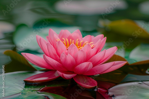 A pink flower is floating on the surface of a pond