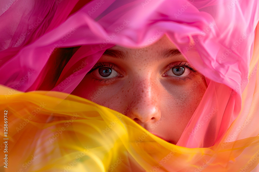 A woman is wearing a pink and yellow scarf and is looking at the camera A woman is wearing a pink and yellow scarf and is looking at the camera